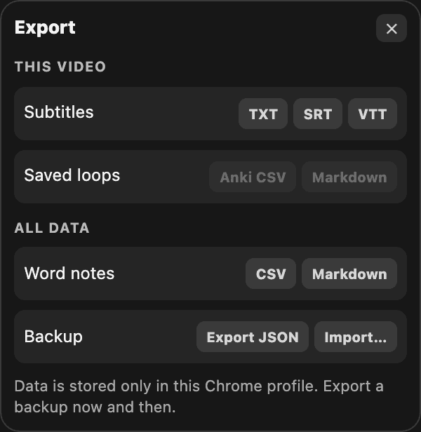 Export popup